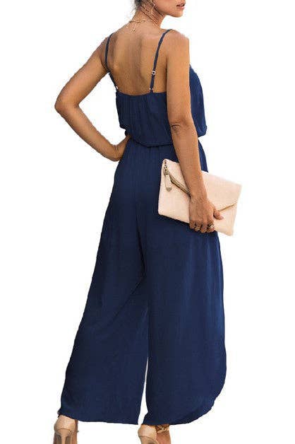 V Neck Suspenders Wide Leg Side Slit Jumpsuit